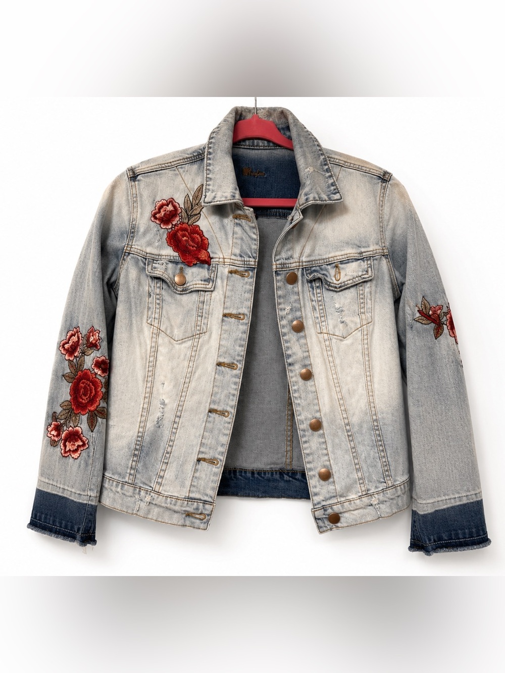 Muk Luks Light Wash Denim Jacket with Red Floral Embroidery
